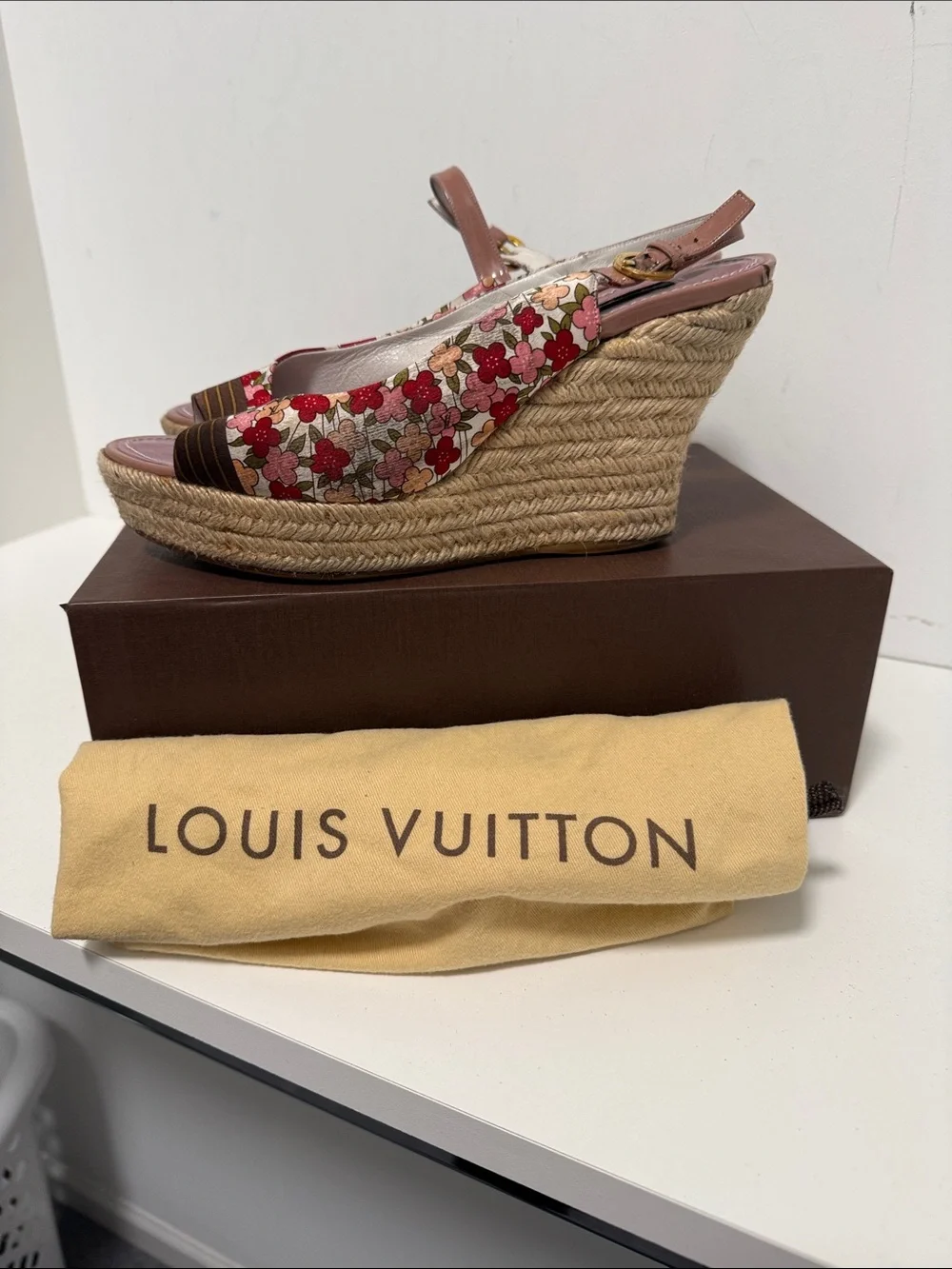 Louis Vuitton Floral Canvas Espadrille Wedge Sandals in Red, Pink and Brown